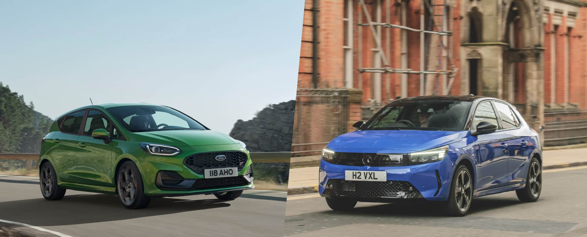 Ford Fiesta ST in Green and Vauxhall Corsa in Blue Comparison