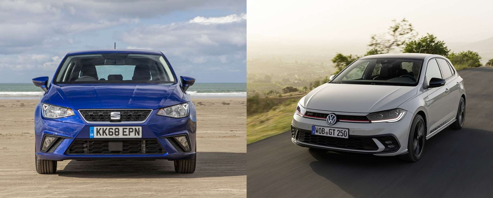 Blue SEAT Ibiza parked in front of the beach and white Volkswagen Polo driving in a motorway with trees on its left side