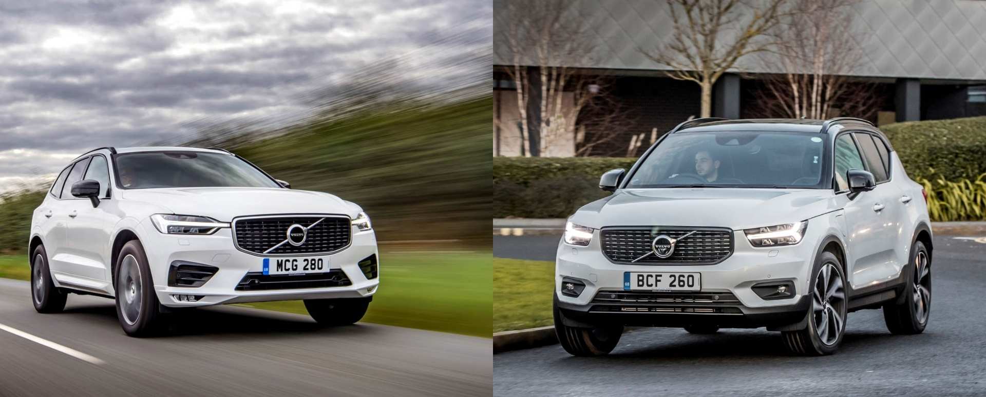 Images of a white Volvo XC40 and a White Volvo XC60 side by side