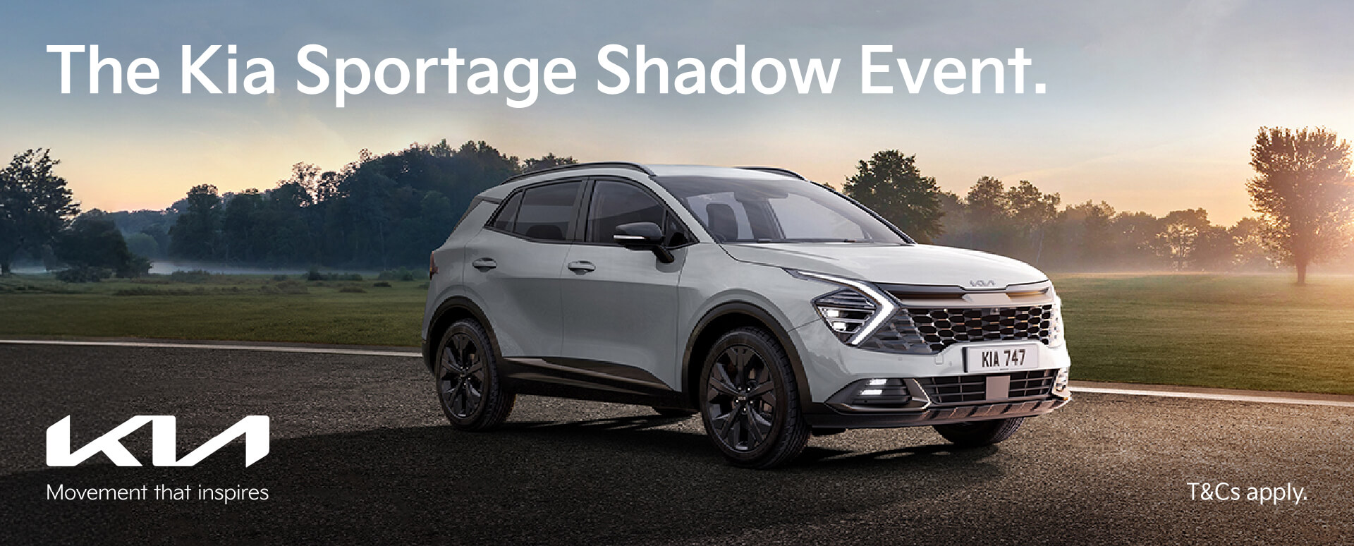 White Kia Sportage on rural road. Shadow Event