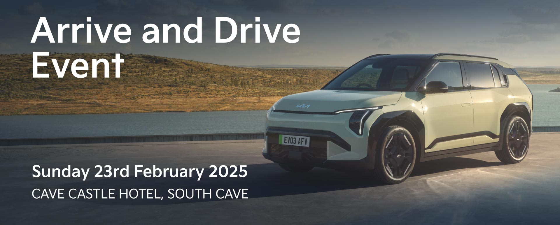 pale green electric Kia with Arrive and Drive event details